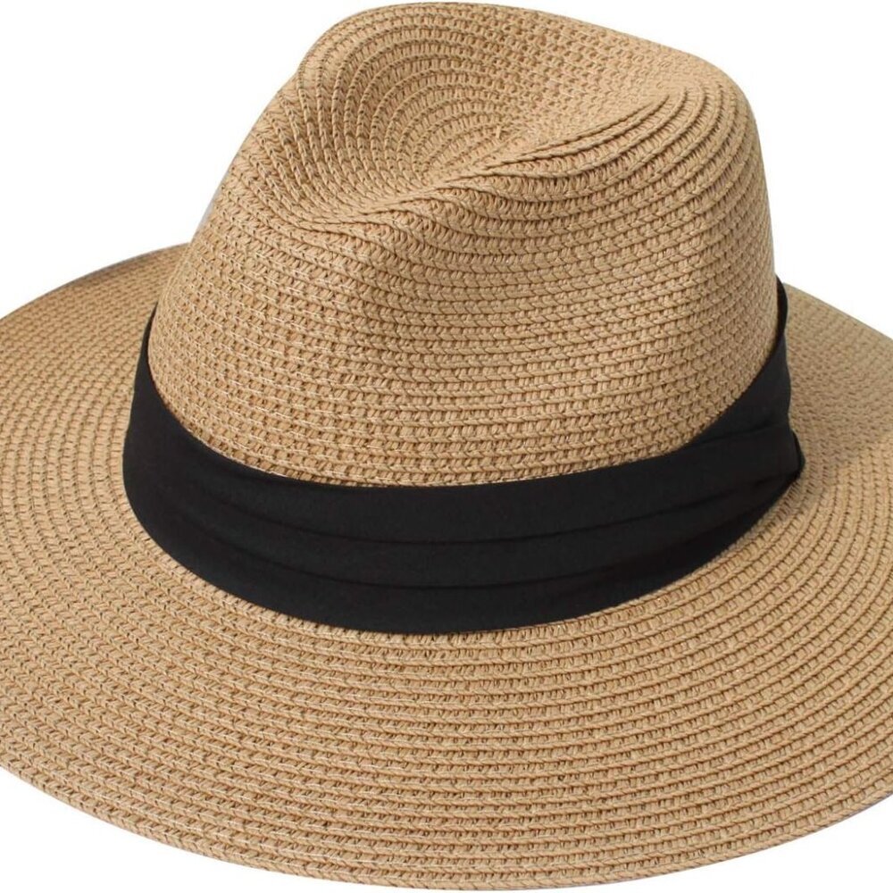 Women Straw Panama Hat Travel Fedora Beach Sun Hat Summer Wide Brim Straw Roll u
